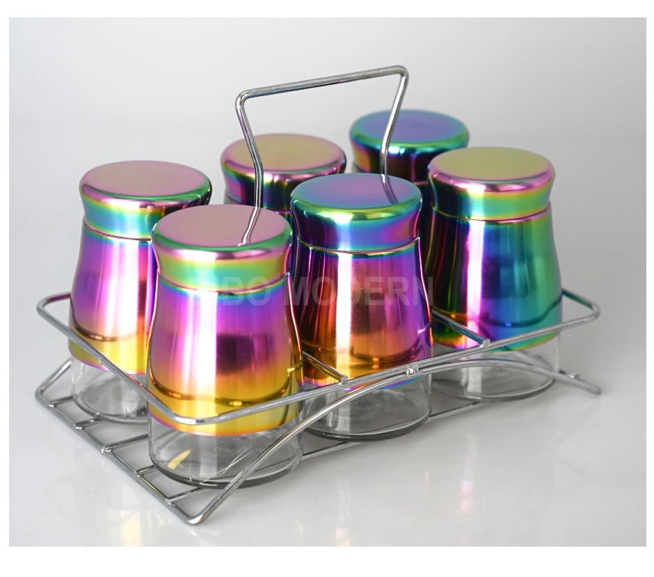 Rainbow Color Glass and Stainless-Steel Spice Storage / Jar Rack Countertop Herb Organization for Home & Kitchen Set of 6